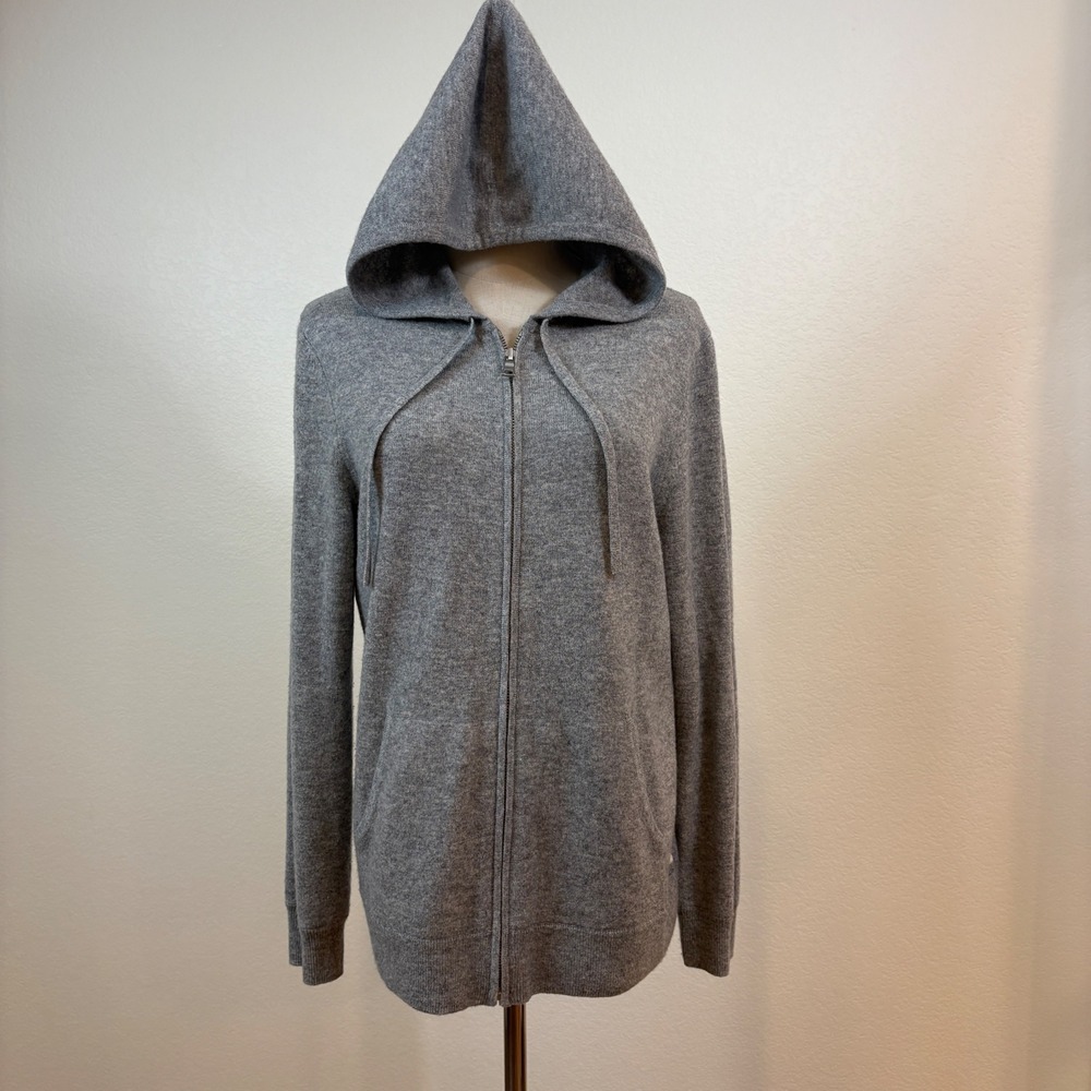 Worth New York Hoodie Womens L Gray Cashmere Zip Up Stripe Sweater Luxury Preppy